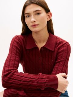 Cable Knit Polo Cardigan — Red 2