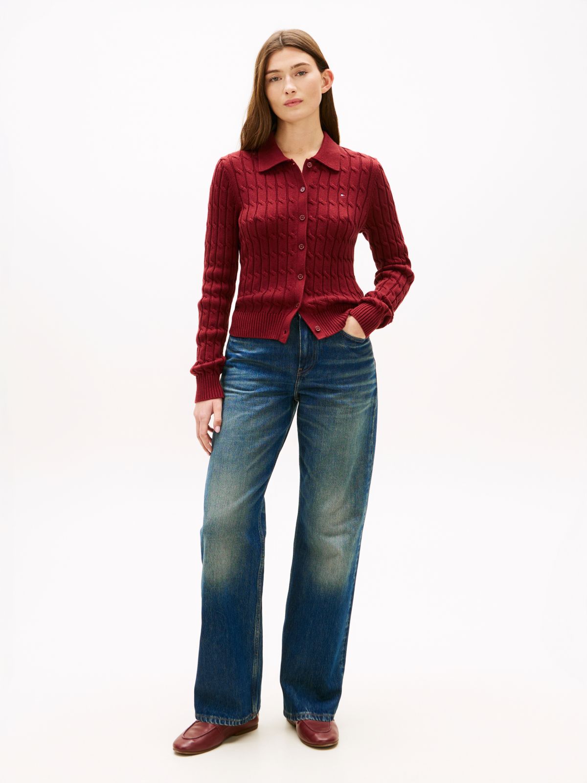 Cable Knit Polo Cardigan — Red