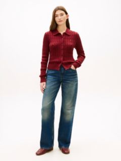 Cable Knit Polo Cardigan — Red 3