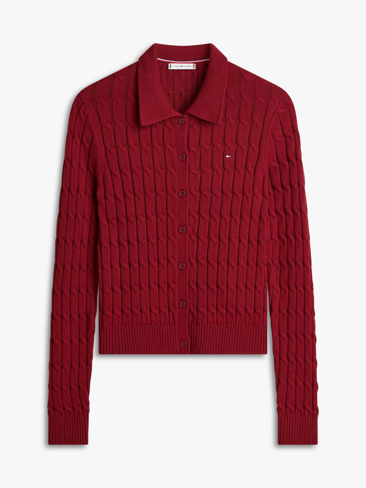 Cable Knit Polo Cardigan — Red