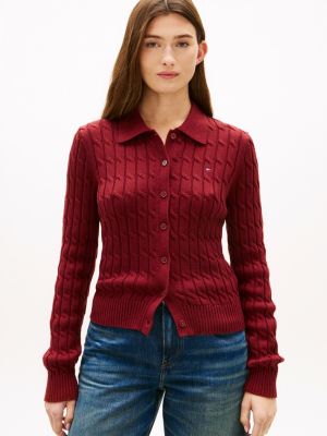 red cable knit polo cardigan for women tommy hilfiger