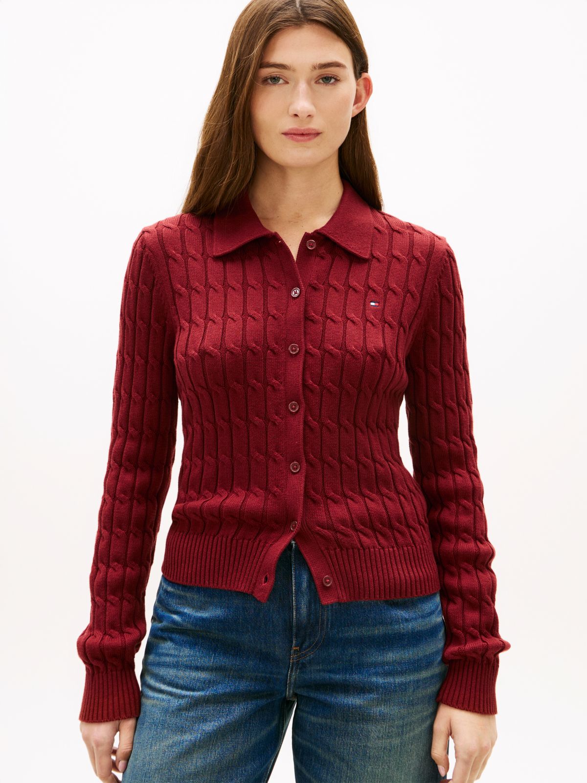 Cable Knit Polo Cardigan — Red