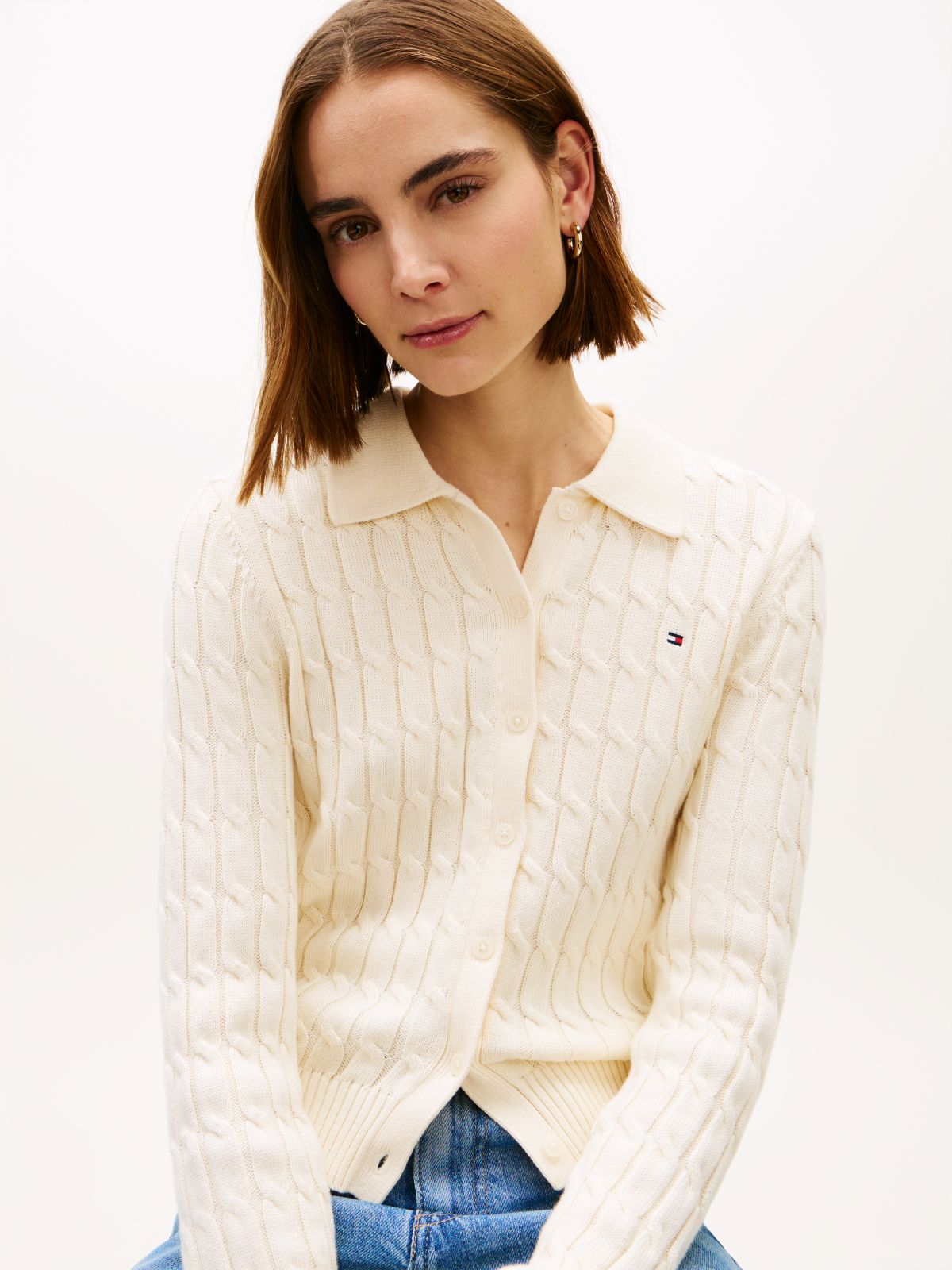 Cable Knit Polo Cardigan — Beige