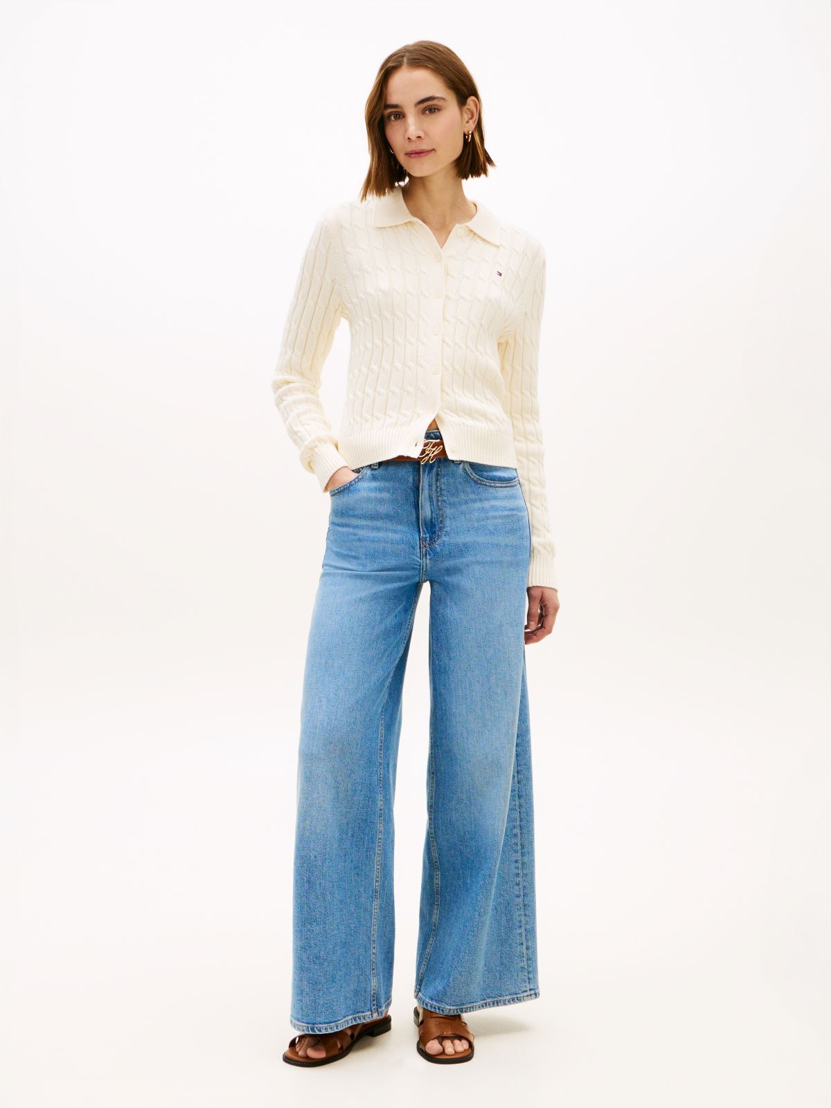 Cable Knit Polo Cardigan — Beige