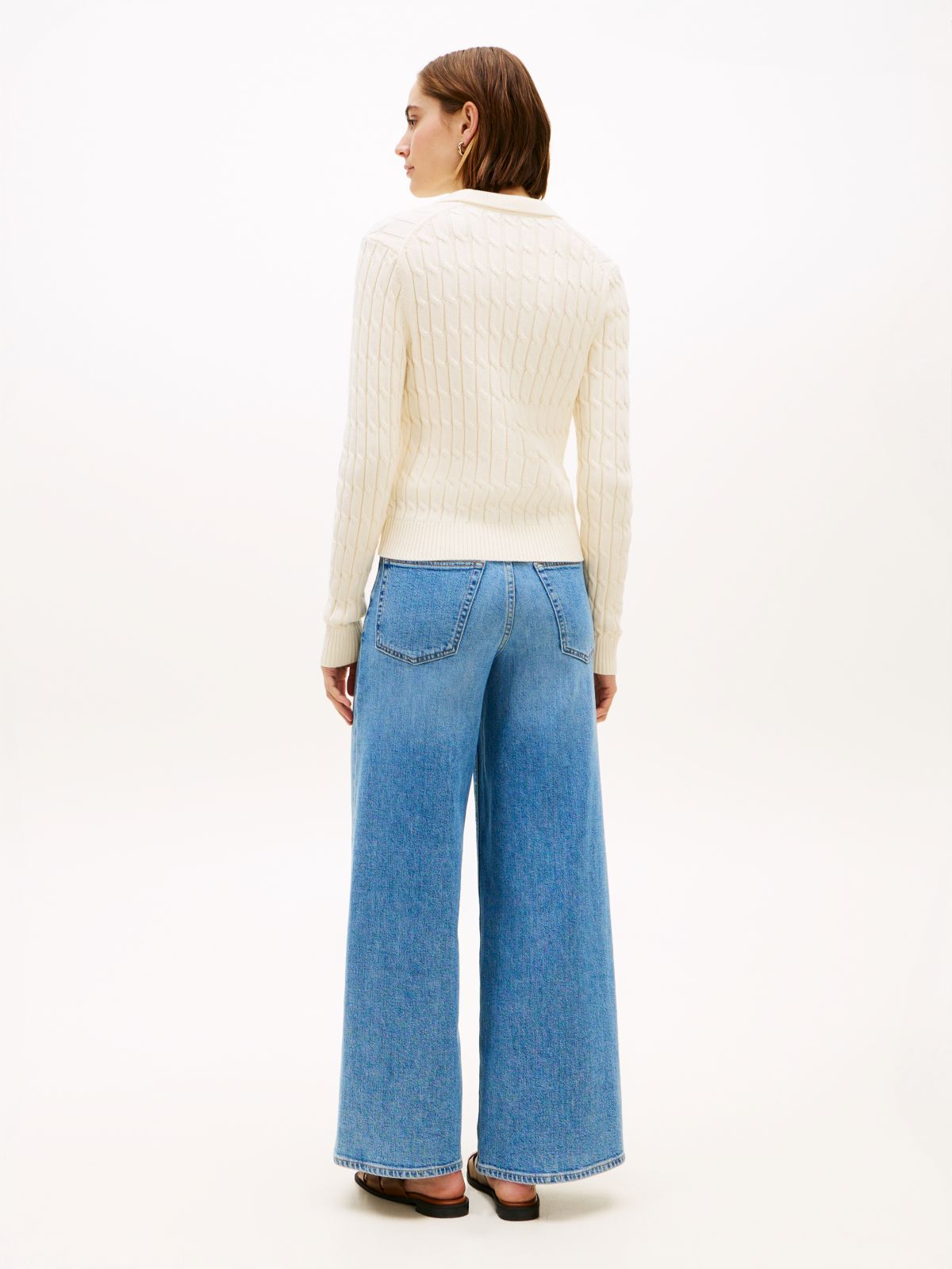 Cable Knit Polo Cardigan — Beige