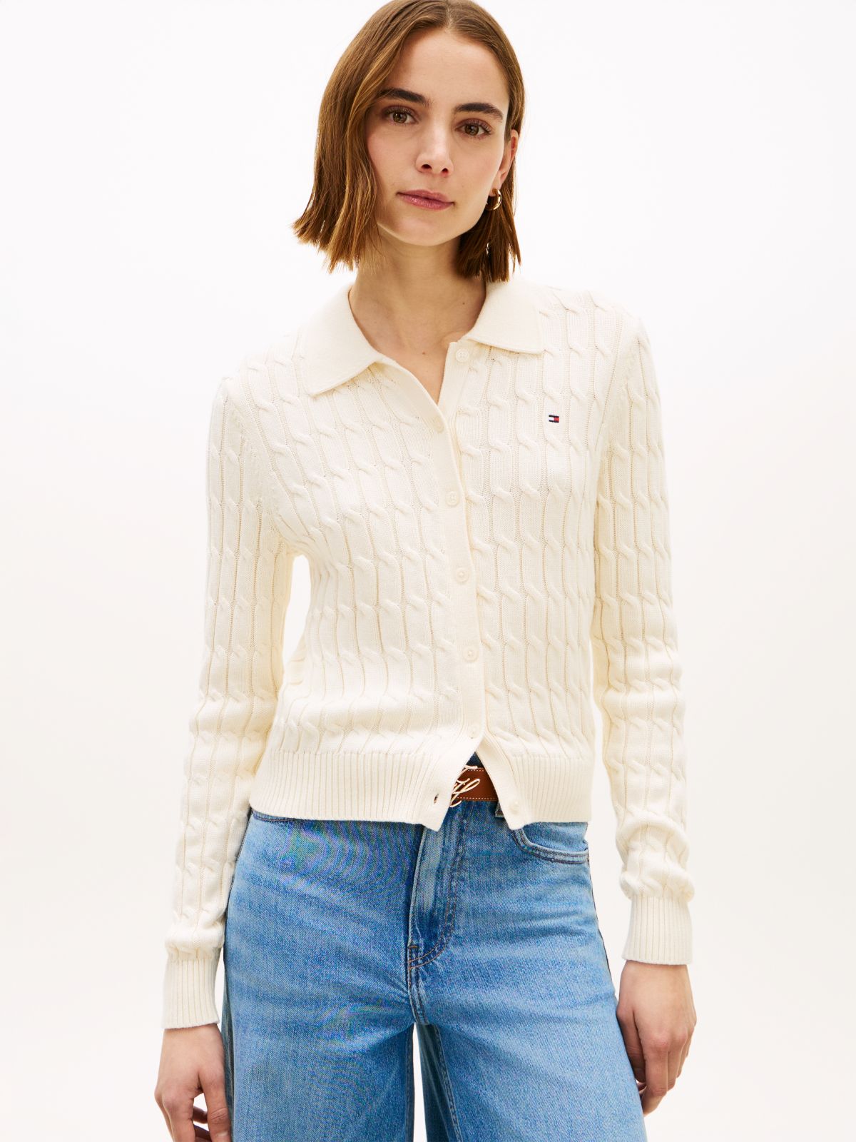 Cable Knit Polo Cardigan — Beige