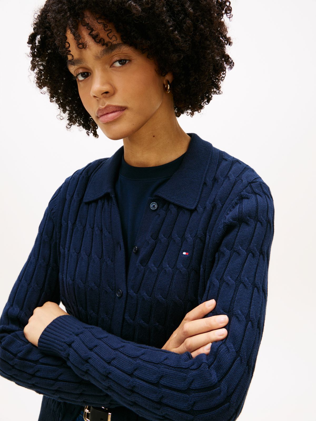 Cable Knit Polo Cardigan — Blue