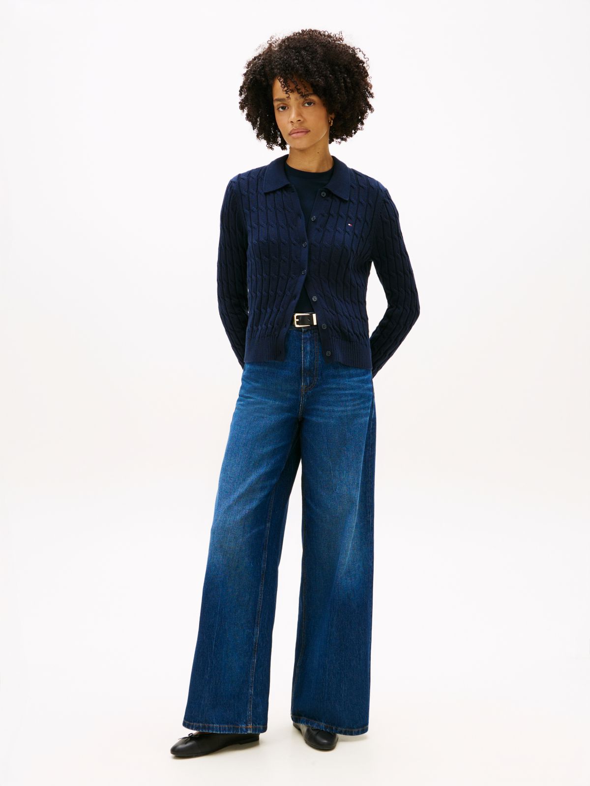 Cable Knit Polo Cardigan — Blue