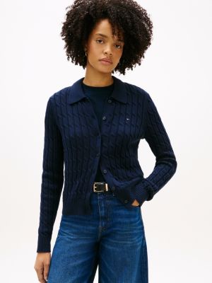 blue zopfstrick-cardigan mit polokragen für damen - tommy hilfiger