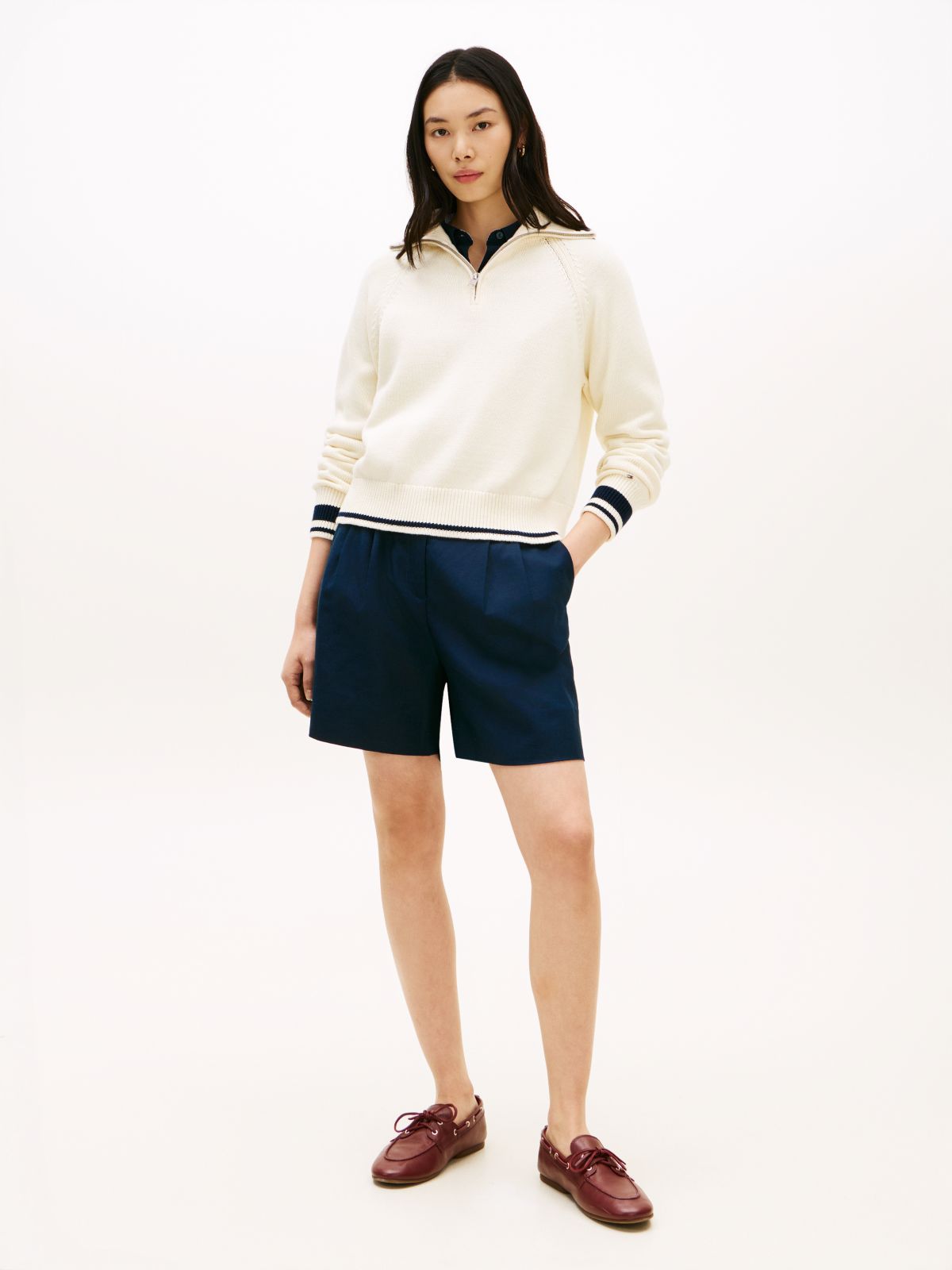 Metal Flag Relaxed Quarter-Zip Jumper — Beige