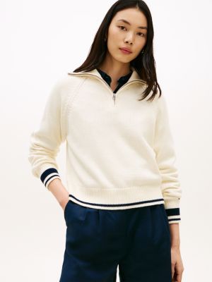 beige metal flag relaxed half-zip jumper for women tommy hilfiger