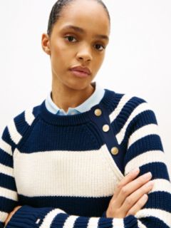 Gold-Tone Button Crew Neck Jumper — Blue 2