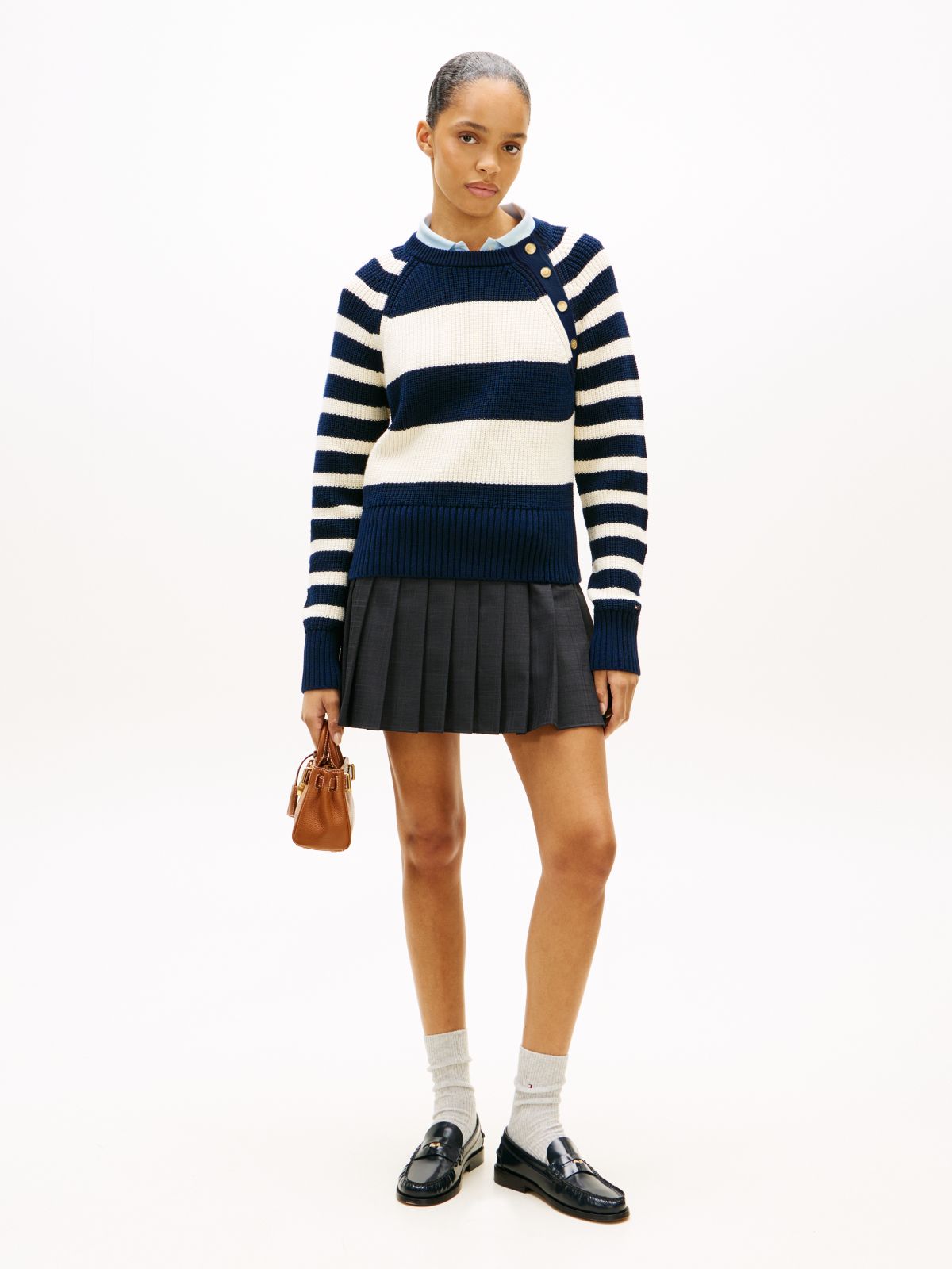 Gold-Tone Button Crew Neck Jumper — Blue