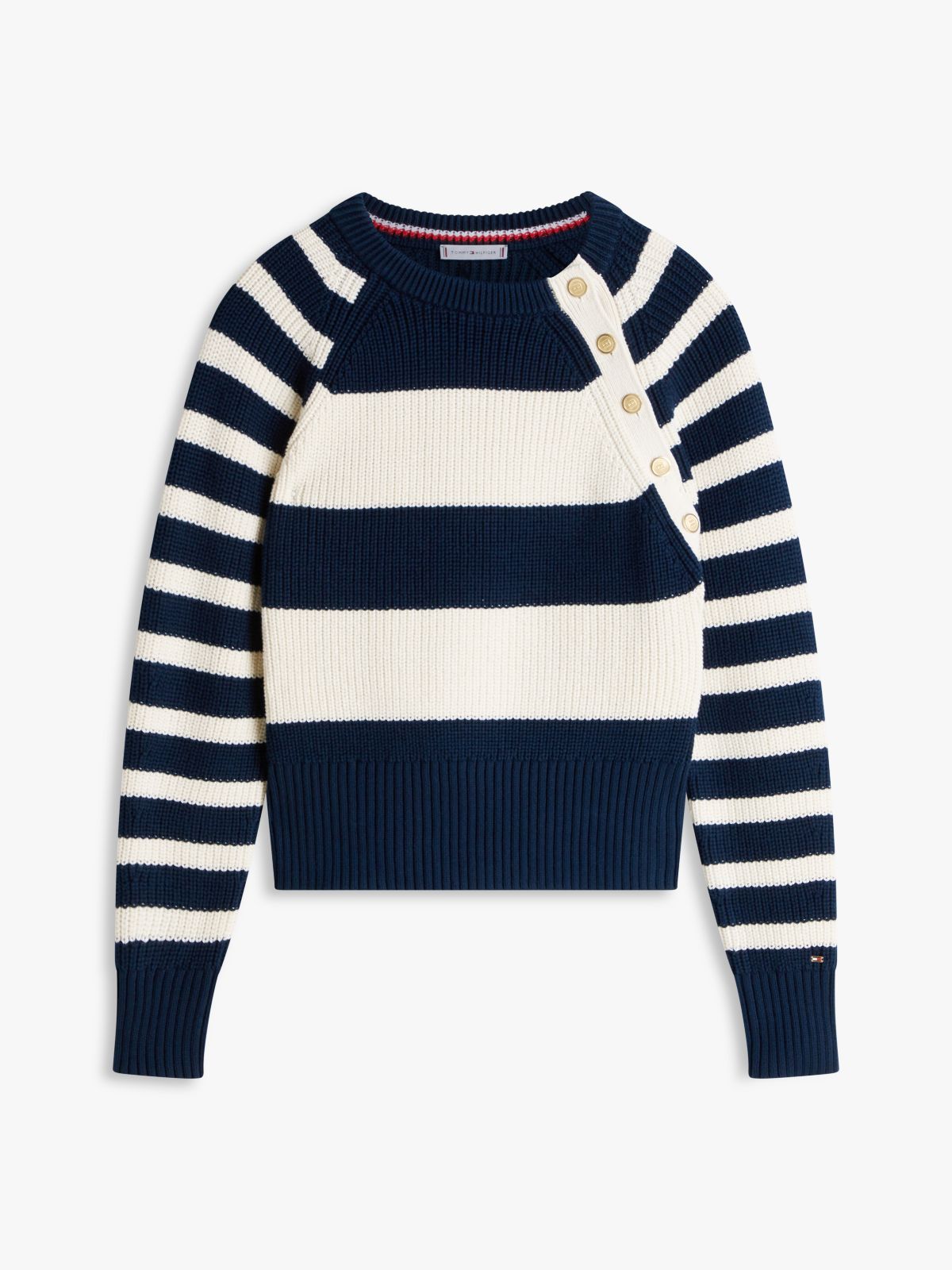 Gold-Tone Button Crew Neck Jumper — Blue