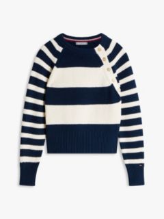 Gold-Tone Button Crew Neck Jumper — Blue 5