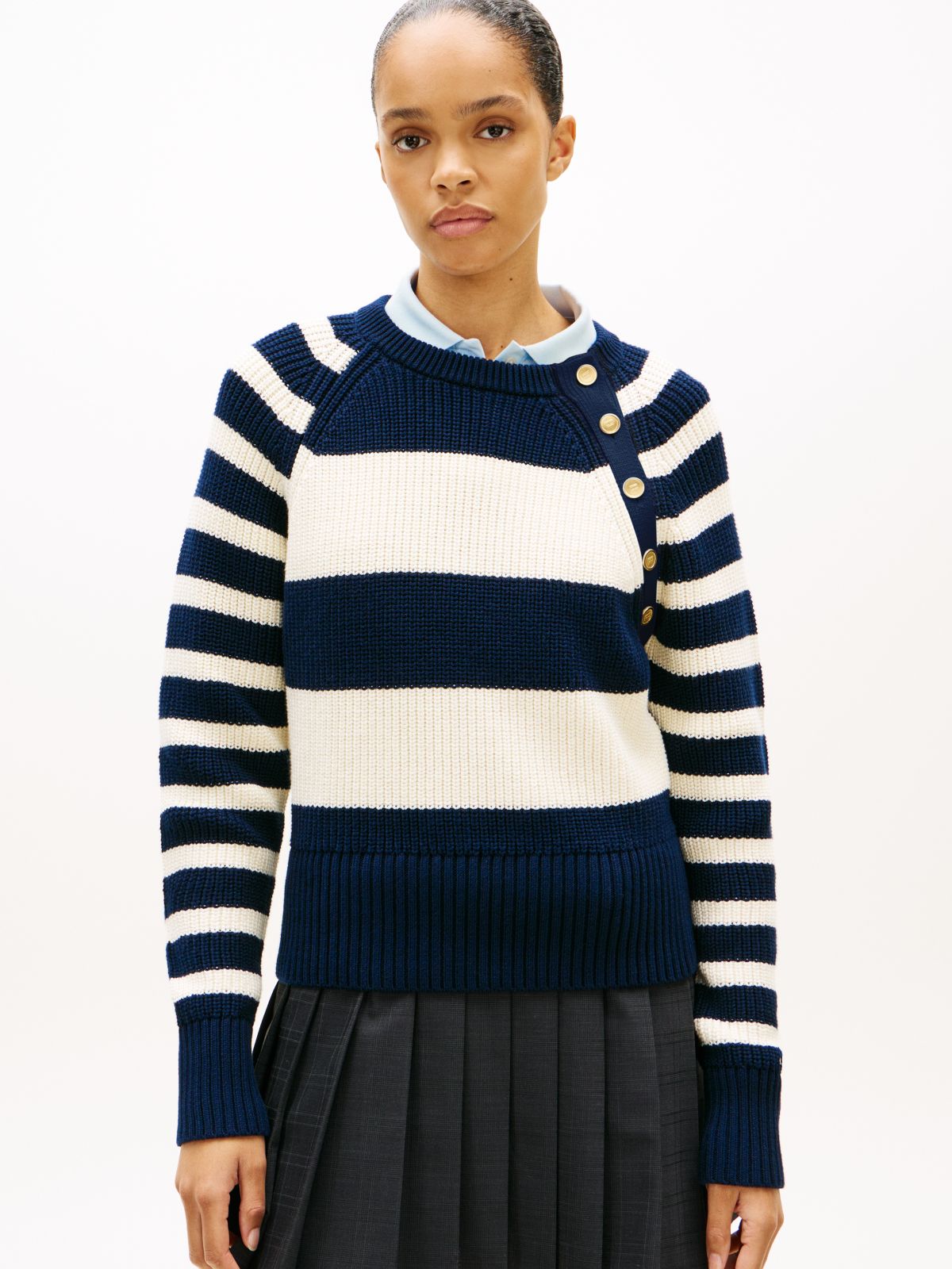 Gold-Tone Button Crew Neck Jumper — Blue