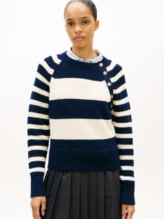 Gold-Tone Button Crew Neck Jumper — Blue 1