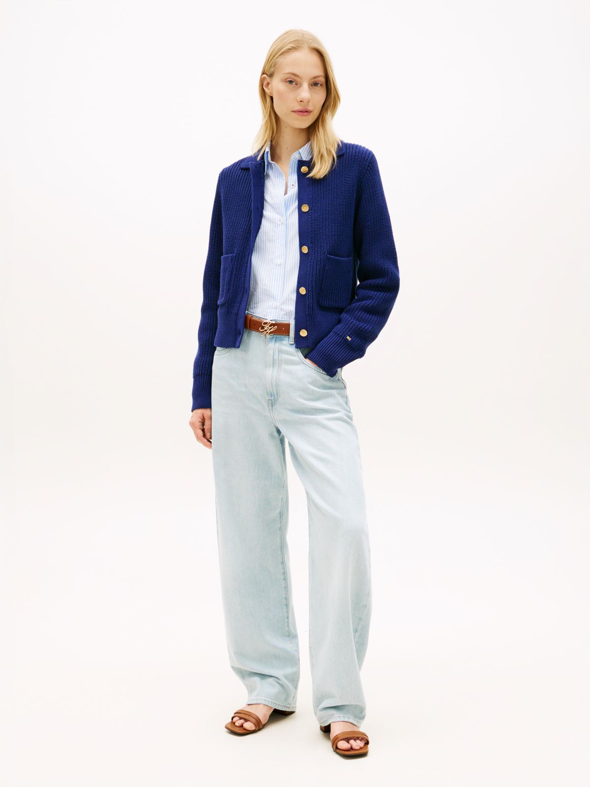 Gold-Tone Button Polo Cardigan — Blue