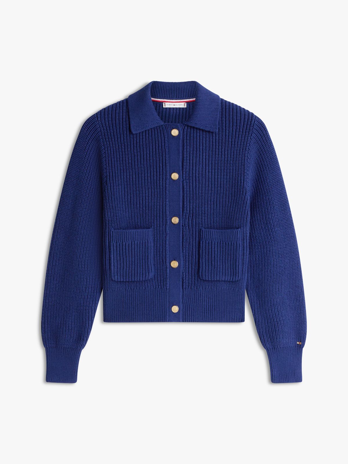 Gold-Tone Button Polo Cardigan — Blue