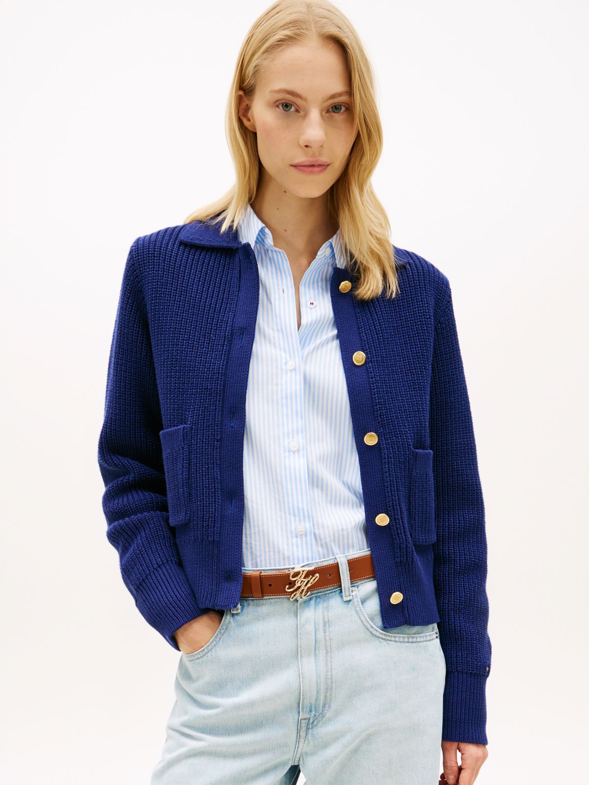 Gold-Tone Button Polo Cardigan — Blue