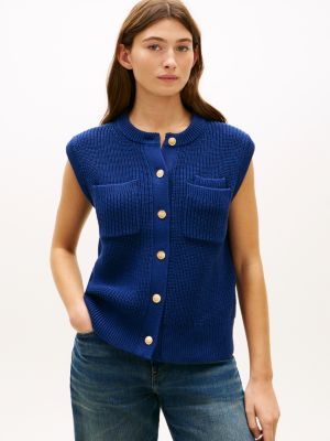 blue gold-tone button rib-knit vest for women tommy hilfiger