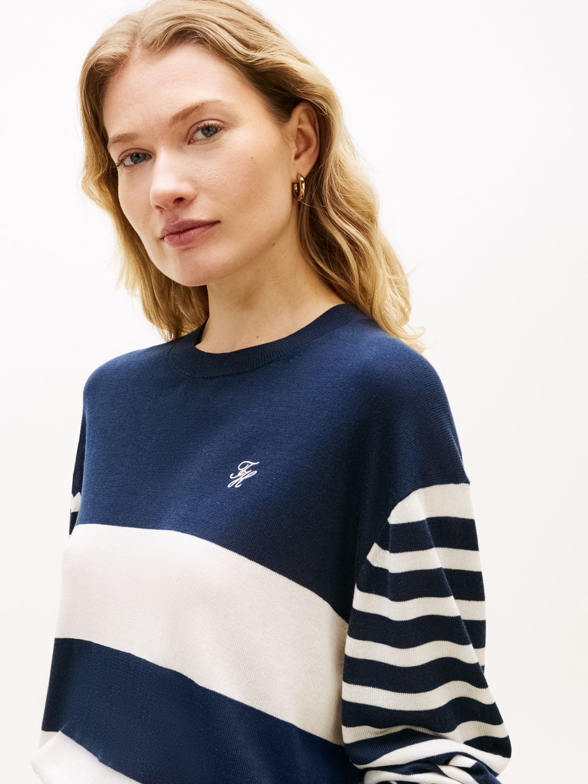 Relaxed Crew Neck Jumper With Silk — Blue