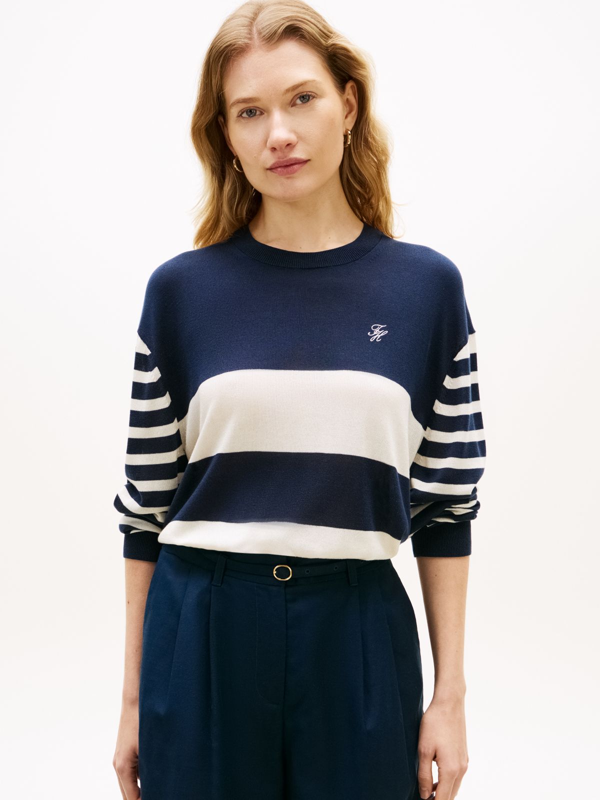 Relaxed Crew Neck Jumper With Silk — Blue