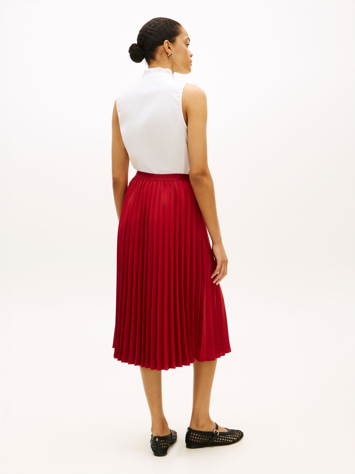 Tonal Flag Waistband Pleated Midi Skirt — Red