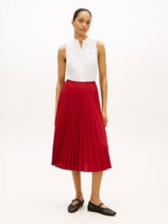 Tonal Flag Waistband Pleated Midi Skirt — Red 1