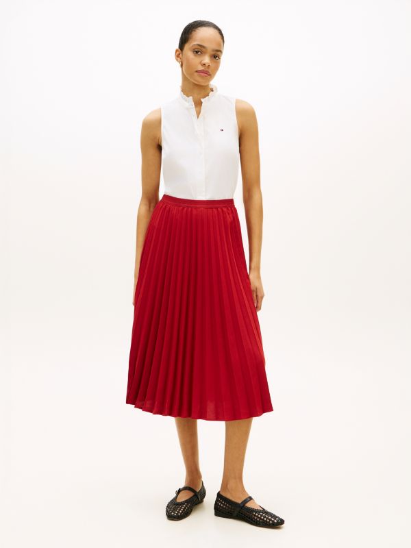 Tonal Flag Waistband Pleated Midi Skirt — Red