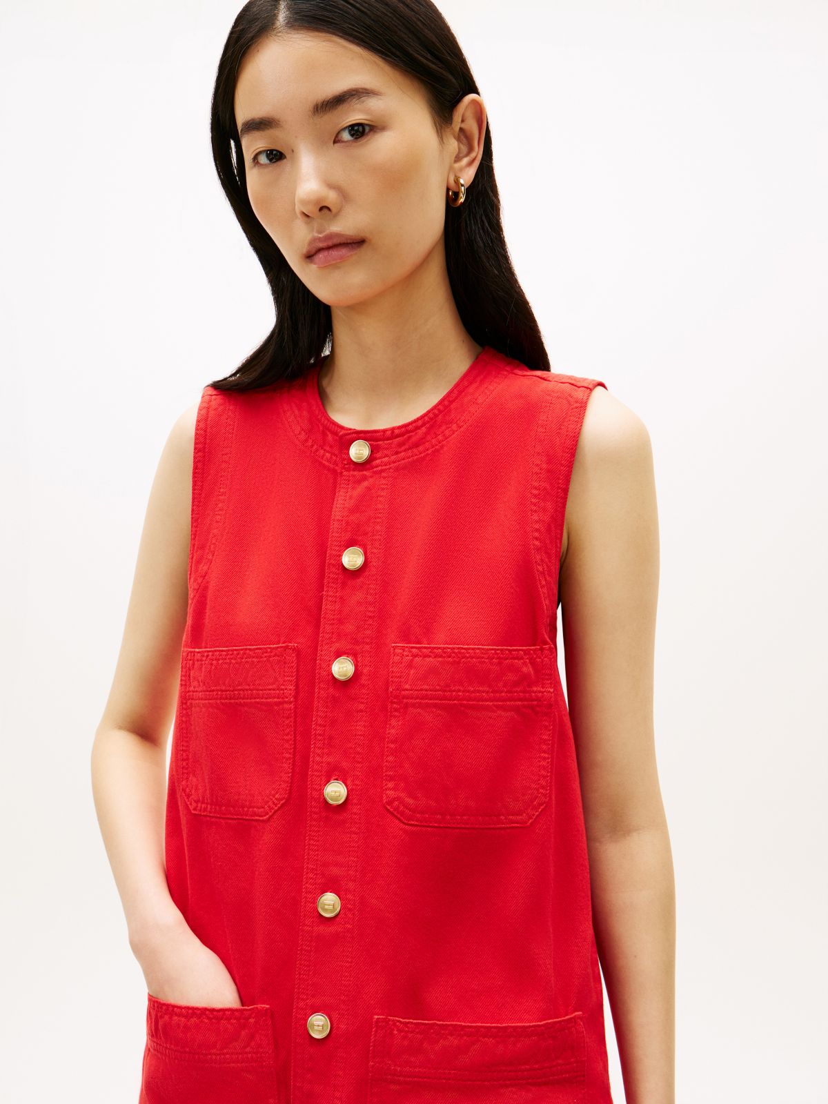 Gold-Tone Button Denim Mini Shift Dress — Orange