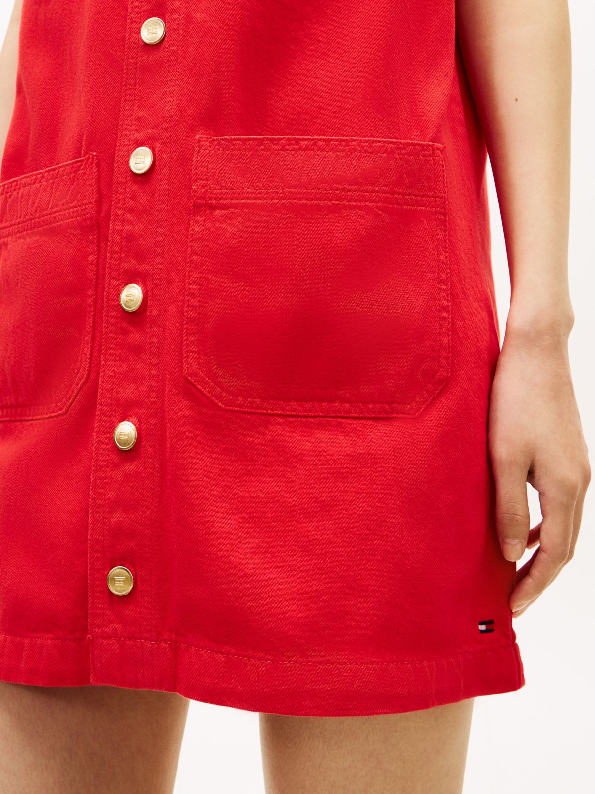 Gold-Tone Button Denim Mini Shift Dress — Orange