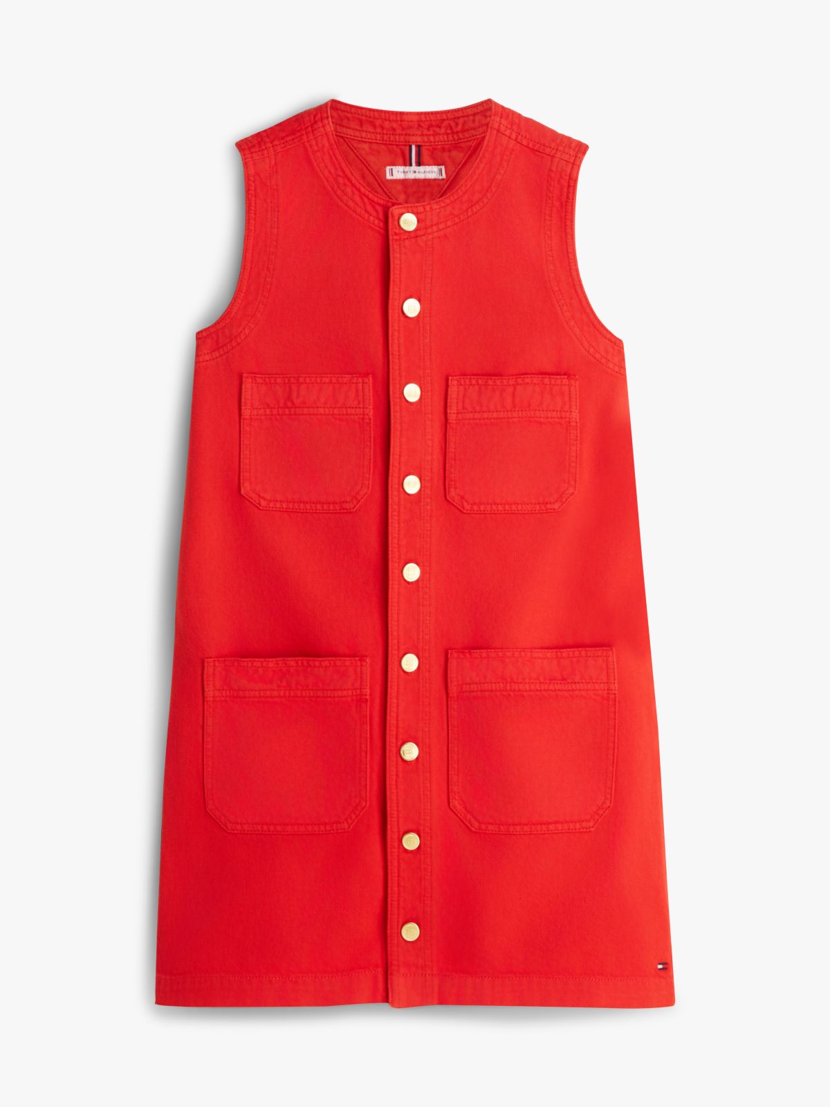 Gold-Tone Button Denim Mini Shift Dress — Orange