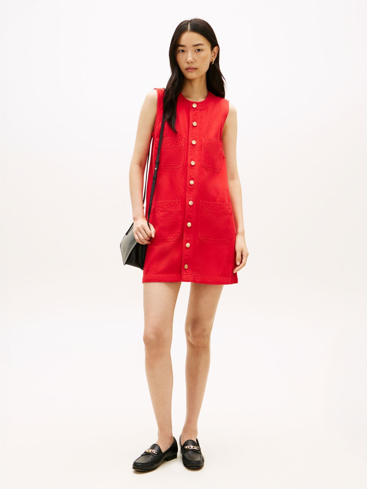 Gold-Tone Button Denim Mini Shift Dress — Orange