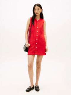 Gold-Tone Button Denim Mini Shift Dress — Orange 1
