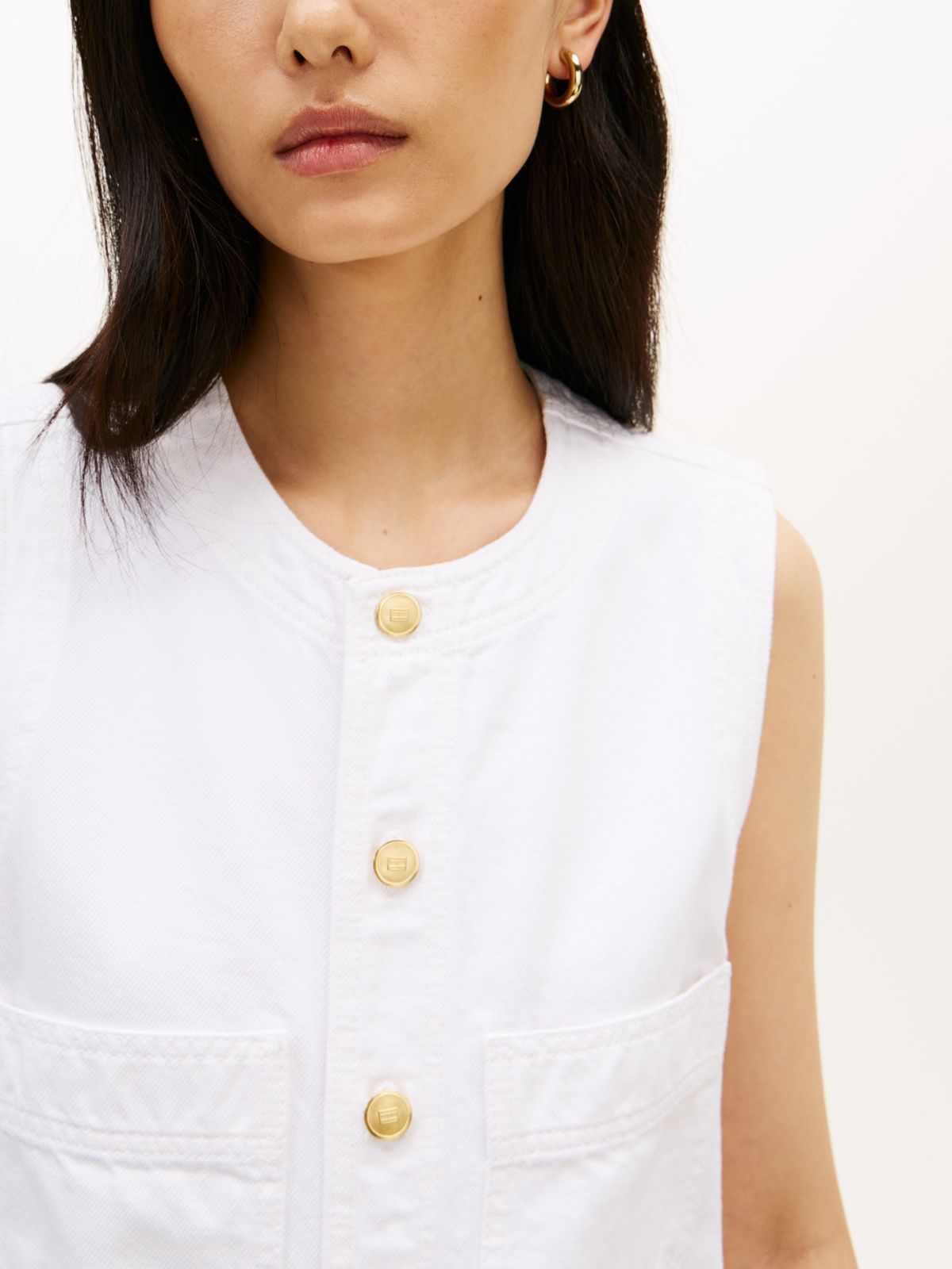 Gold-Tone Button Denim Mini Shift Dress — White