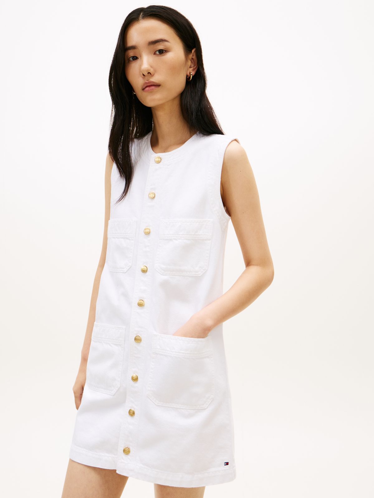 Gold-Tone Button Denim Mini Shift Dress — White