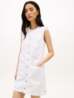 Gold-Tone Button Denim Mini Shift Dress — White 3