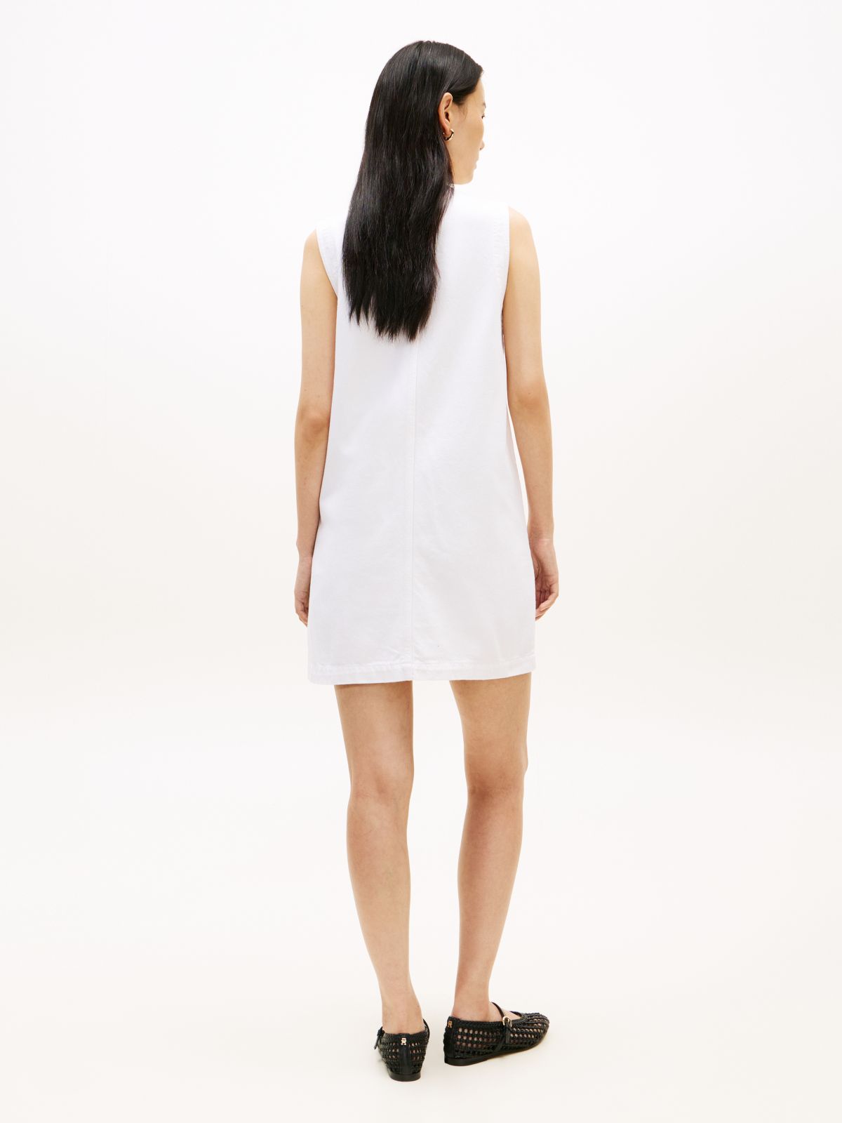 Gold-Tone Button Denim Mini Shift Dress — White