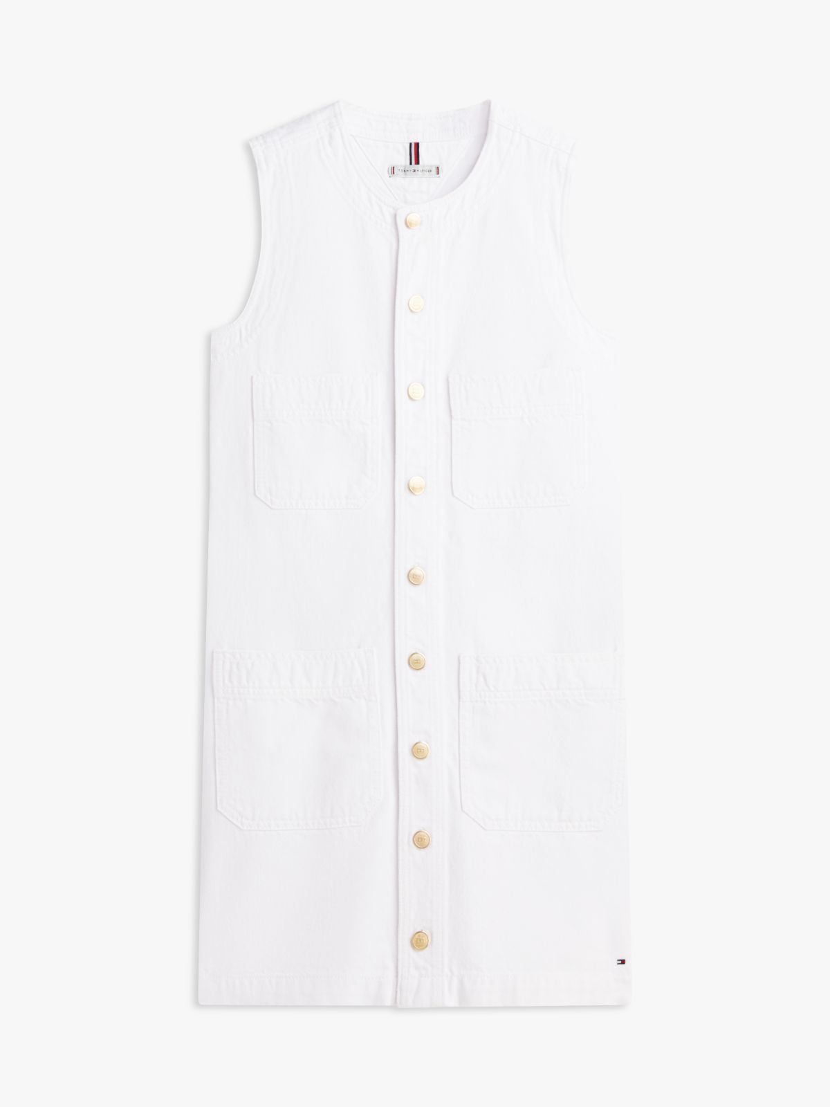 Gold-Tone Button Denim Mini Shift Dress — White