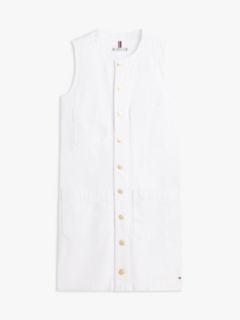 Gold-Tone Button Denim Mini Shift Dress — White 5