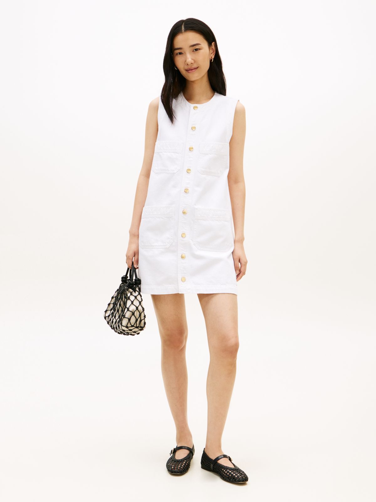 Gold-Tone Button Denim Mini Shift Dress — White