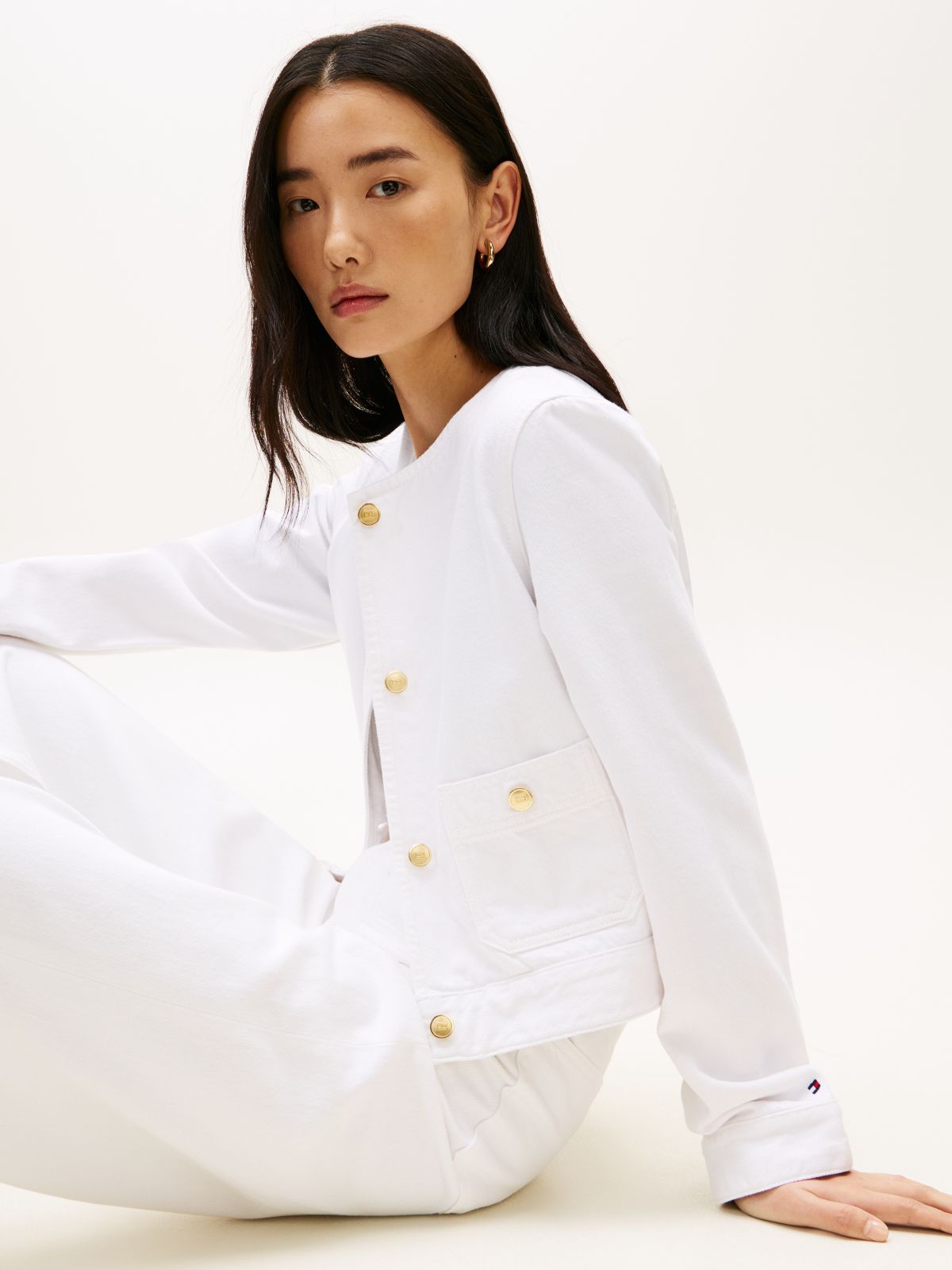 Gold-Tone Button Collarless Denim Jacket — White