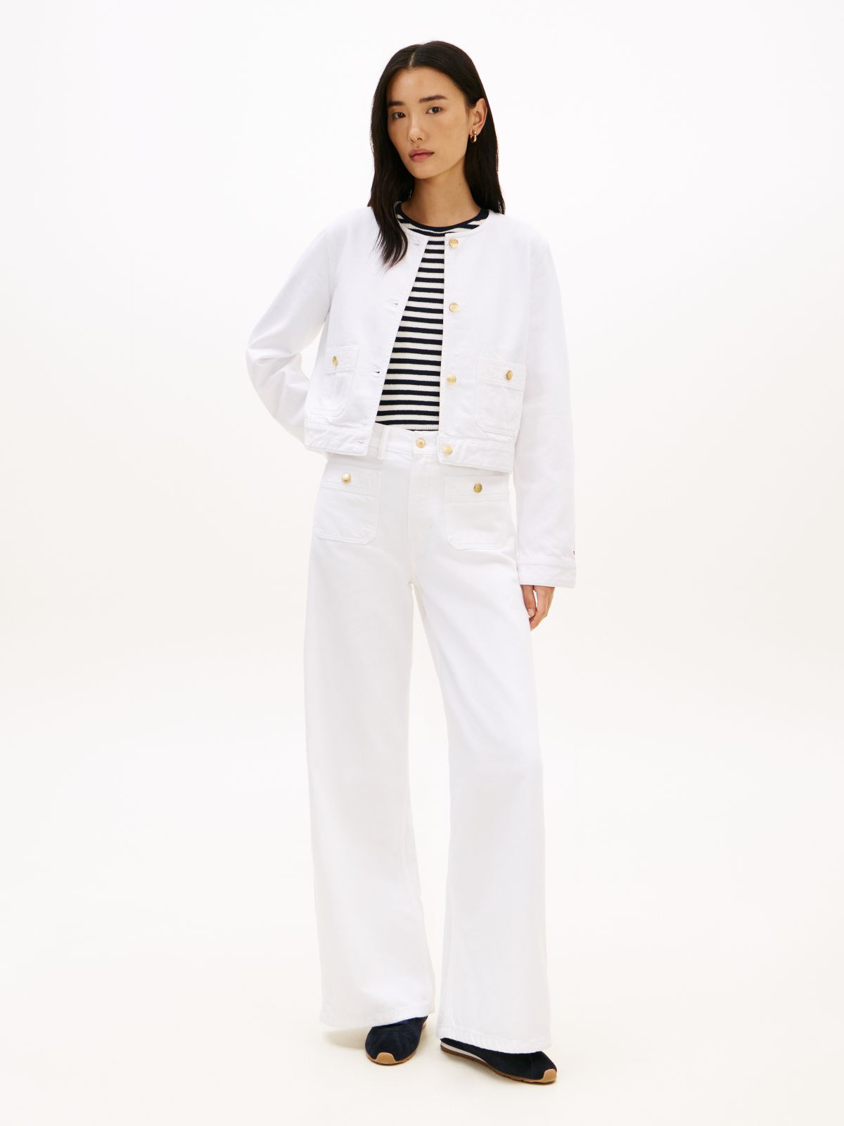 Gold-Tone Button Collarless Denim Jacket — White