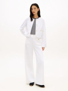 Gold-Tone Button Collarless Denim Jacket — White 3