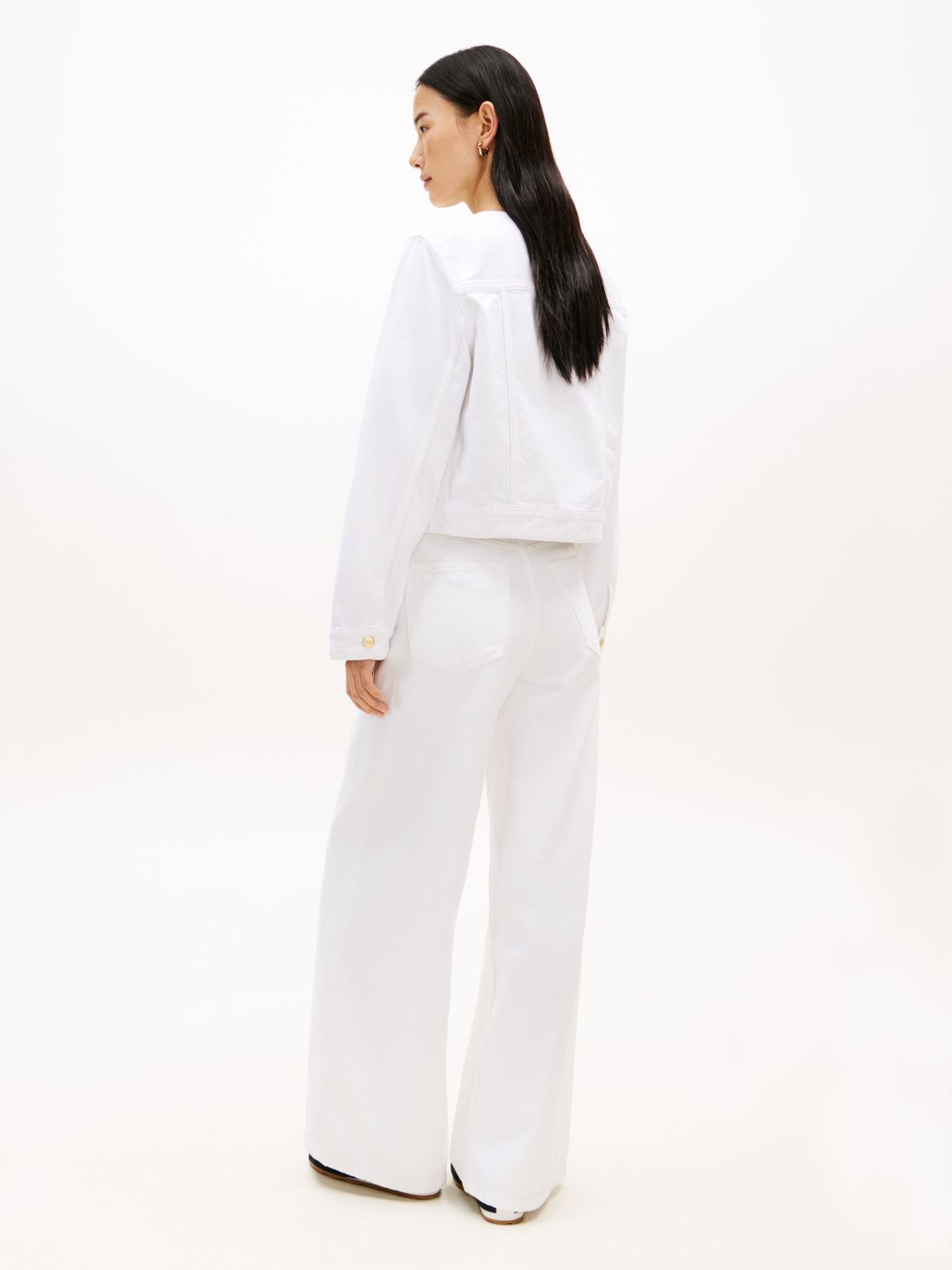 Gold-Tone Button Collarless Denim Jacket — White