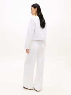 Gold-Tone Button Collarless Denim Jacket — White 4