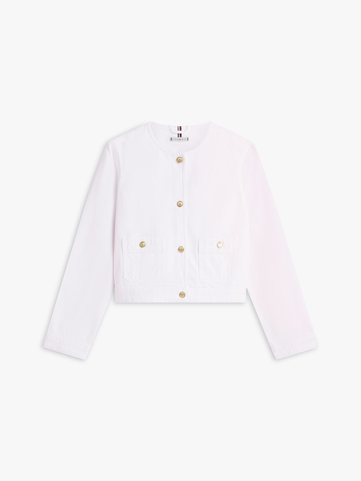Gold-Tone Button Collarless Denim Jacket — White