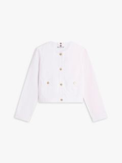 Gold-Tone Button Collarless Denim Jacket — White 5