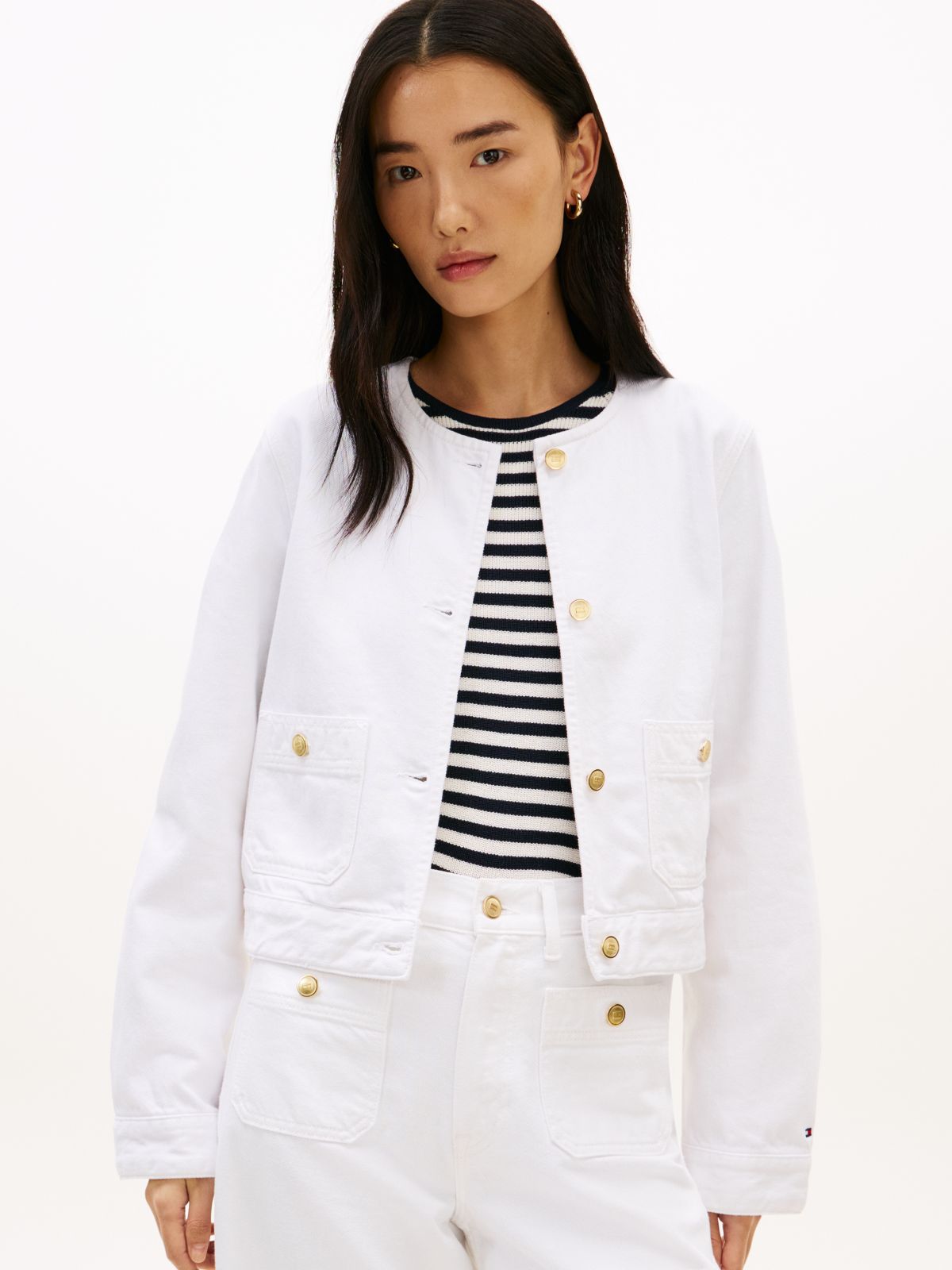 Gold-Tone Button Collarless Denim Jacket — White